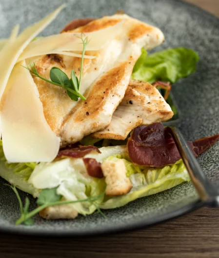 Elegantly plated Caesar salad with grilled chicken, fresh lettuce, and parmesan shavings at hotel dining.