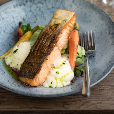 Tasty grilled salmon with fresh vegetables and creamy mashed potatoes served on a charming wooden table in hotel dining.