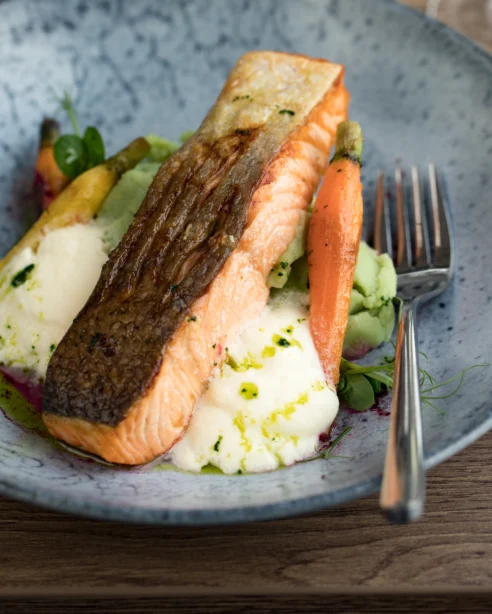 Tasty grilled salmon with fresh vegetables and creamy mashed potatoes served on a charming wooden table in hotel dining.