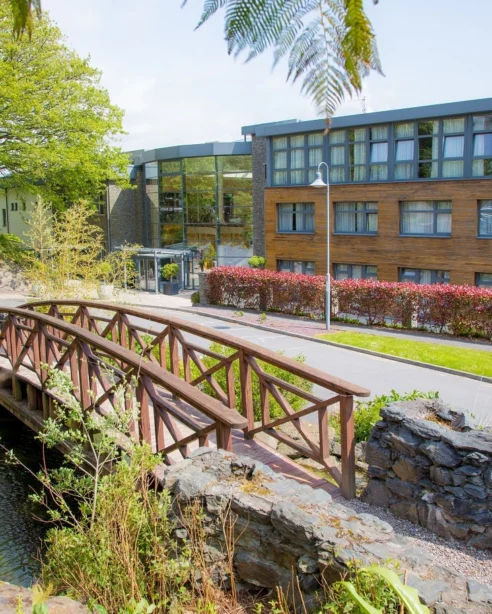 Serene hotel view with lush garden, charming wooden bridge, and modern amenities, ideal for a relaxing stay.