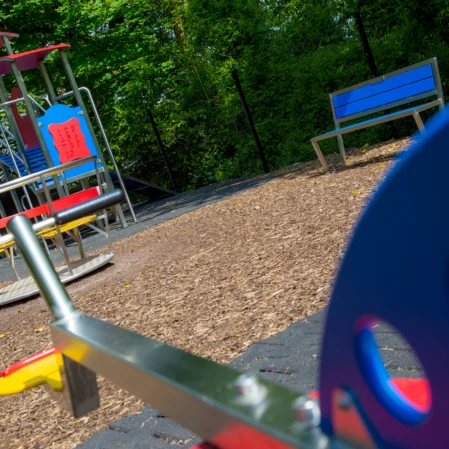 Hotel playground with slide and seesaw surrounded by lush trees, perfect for family fun and relaxation.