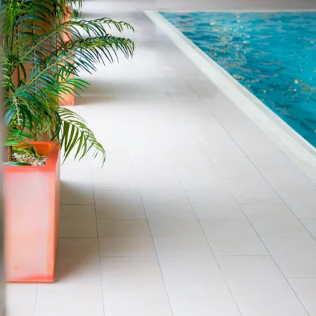 Elegant indoor hotel pool with lush greenery and sparkling water, offering a relaxing and luxurious retreat for guests.