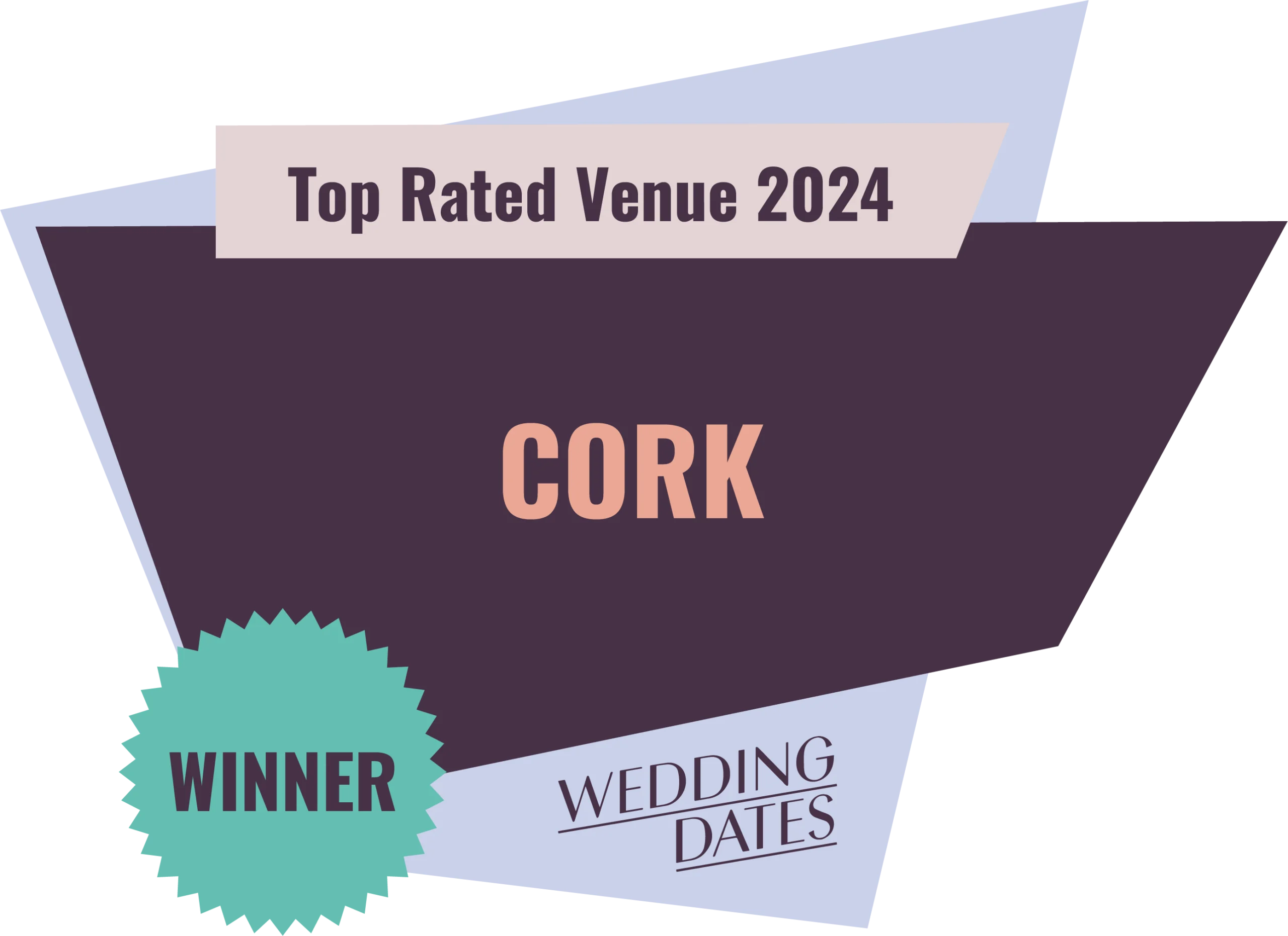 Award-winning wedding venue badge for Cork, recognised as top-rated in 2024 by WeddingDates.