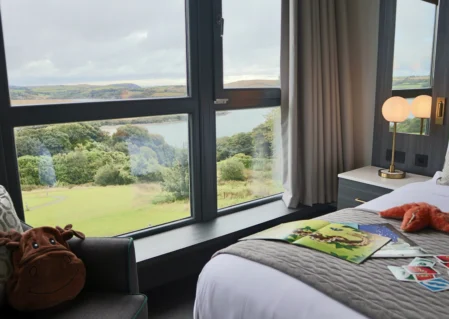Scenic countryside view from cosy hotel room window, featuring plush bed and armchair for relaxation.
