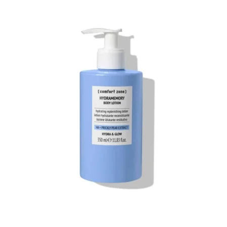 Luxurious blue bottle of hydrating body lotion for guests' comfort, featuring hydra and glow formula with prickly pear extract.