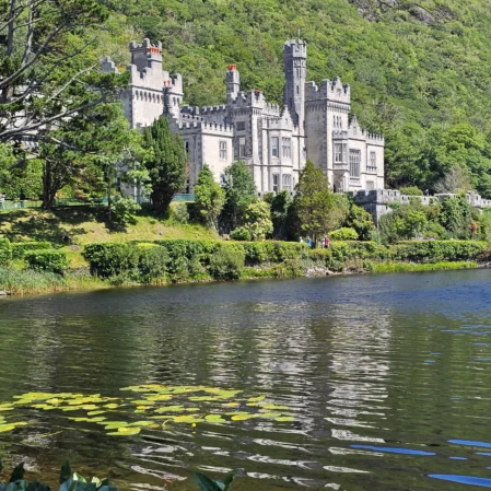 Scenic view of castle hotel by tranquil lake surrounded by lush greenery, offering a serene retreat and historic charm.