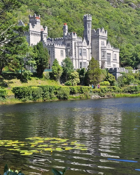 Scenic view of castle hotel by tranquil lake surrounded by lush greenery, offering a serene retreat and historic charm.
