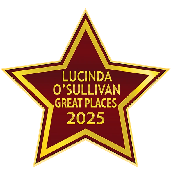 Award plaque with gold star and red centre showing "Lucinda O'Sullivan Great Places 2025".