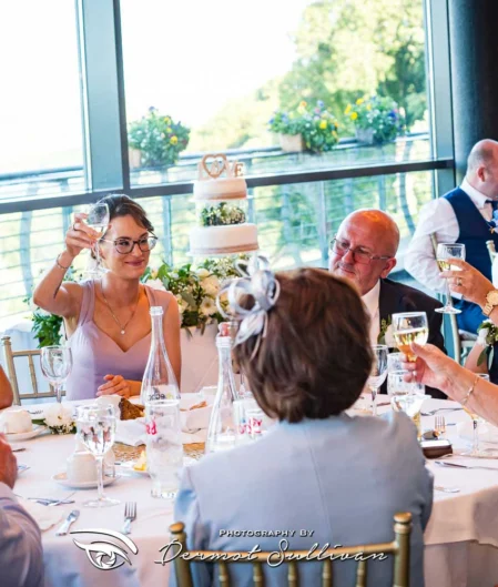 Guests celebrate with champagne at an elegant wedding reception, surrounded by panoramic views and tasteful decor.