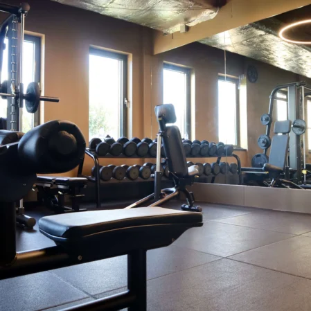 Spacious hotel gym with modern fitness equipment, weight rack, large mirrors, and natural light for a refreshing workout.