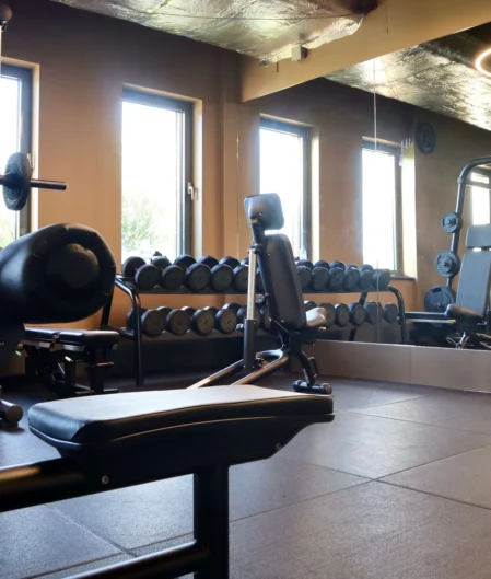Spacious hotel gym with modern fitness equipment, weight rack, large mirrors, and natural light for a refreshing workout.