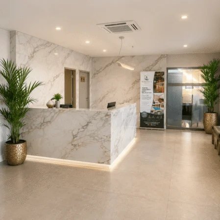 Elegant hotel reception with marble desk, lush plants, warm lighting; inviting atmosphere for your stay.
